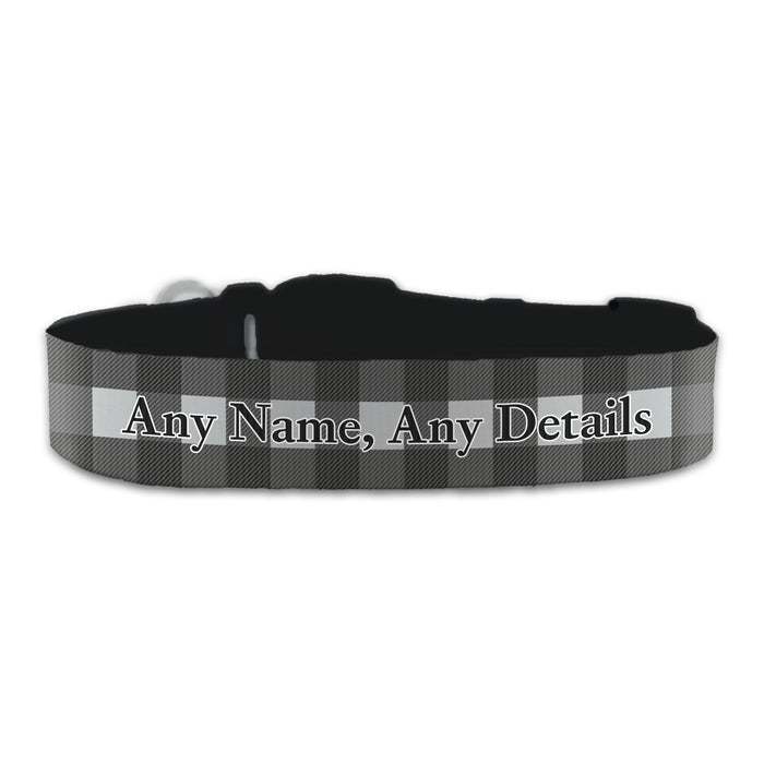 Personalised Large Dog Collar with Black Tartan Background, Personalise with Any Name or Details - The Gift Cabin UK