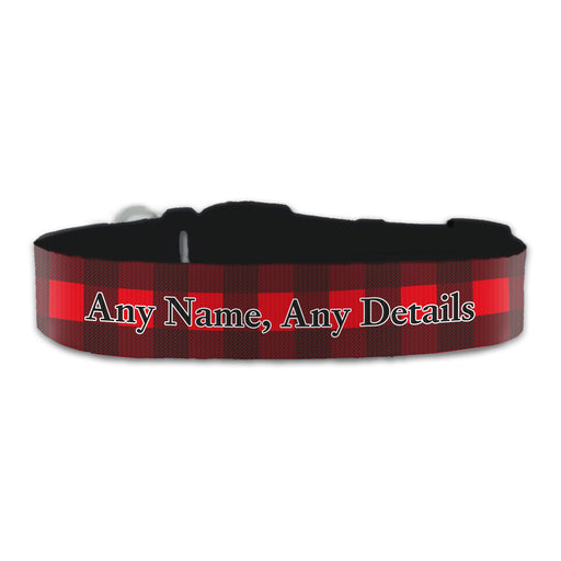 Personalised Large Dog Collar with Red Tartan Background, Personalise with Any Name or Details - The Gift Cabin UK