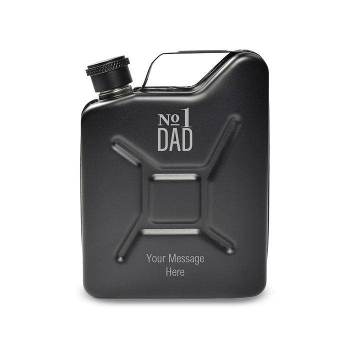 Engraved Black Jerry Can Hip Flask with No.1 Dad Design - The Gift Cabin UK