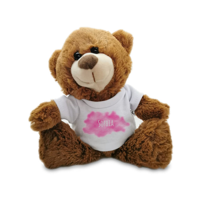 Soft Dark Brown Teddy Bear Toy with T-shirt with Name in Cloud Design - The Gift Cabin UK