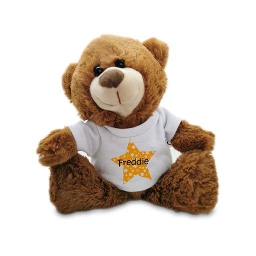 Soft Dark Brown Teddy Bear Toy with T-shirt with Name in Star Design - The Gift Cabin UK