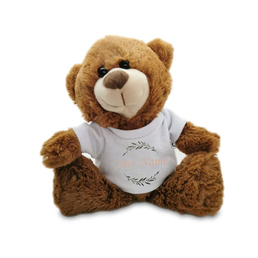 Soft Dark Brown Teddy Bear Toy with T-shirt with Name and Wreath Design - The Gift Cabin UK