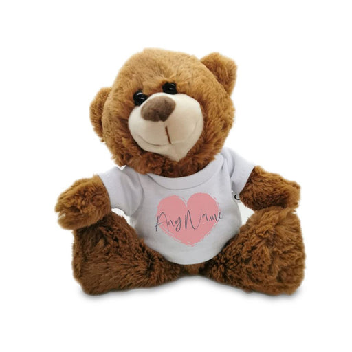 Soft Dark Brown Teddy Bear Toy with T-shirt with Name in Heart Design - The Gift Cabin UK