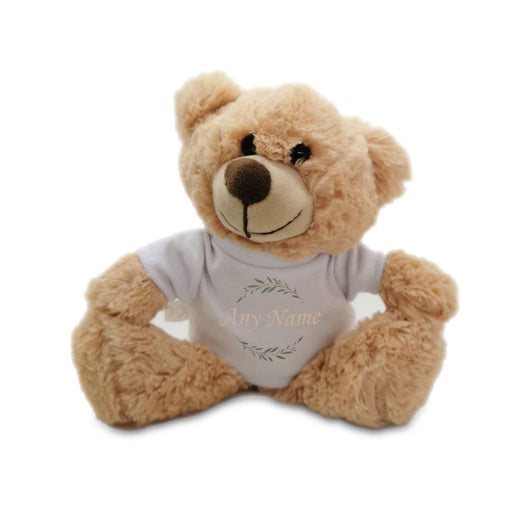 Soft Light Brown Teddy Bear Toy with T-shirt with Name and Wreath Design - The Gift Cabin UK