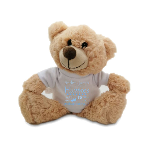 Light Brown Teddy Bear Toy with T-shirt with Newborn Baby Design in Blue - The Gift Cabin UK