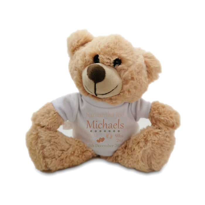 Light Brown Teddy Bear Toy with T-shirt with Newborn Baby Design in Neutral - The Gift Cabin UK