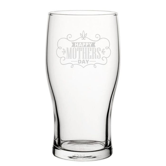 Happy Mothers Day Bordered Design - Engraved Novelty Tulip Pint Glass - The Gift Cabin UK