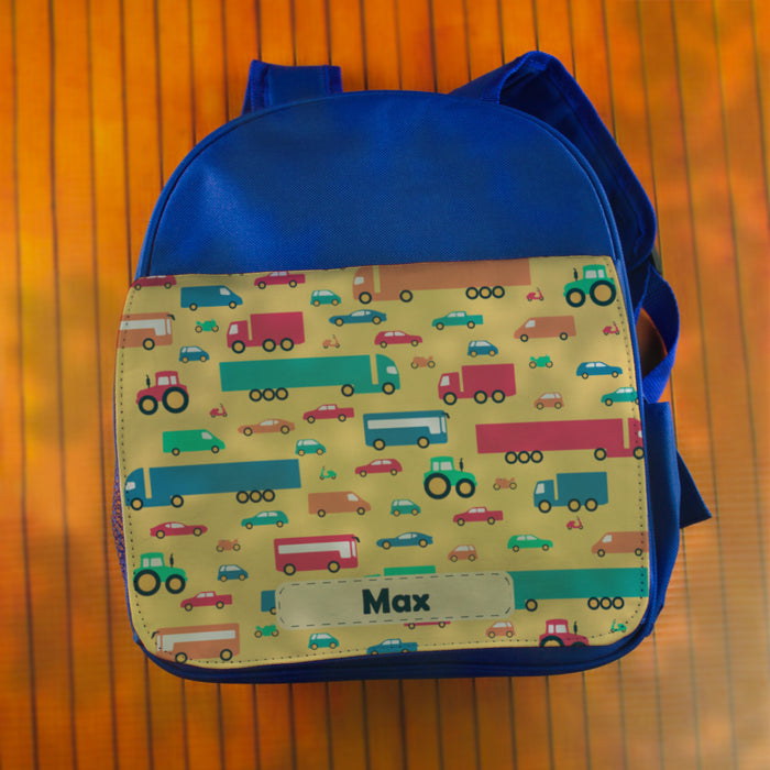 Printed Kids Blue Backpack with Vehicle Design, Customise with Any Name - The Gift Cabin UK