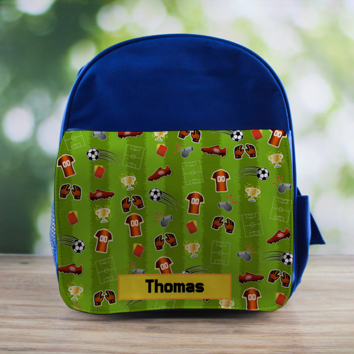 Printed Kids Blue Backpack with Football Pitch Design, Customise with Any Name - The Gift Cabin UK