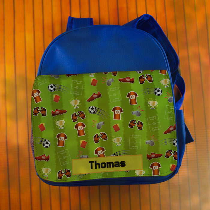 Printed Kids Blue Backpack with Football Pitch Design, Customise with Any Name - The Gift Cabin UK