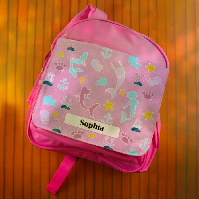 Printed Kids Pink Backpack with Mermaid Design, Customise with Any Name - The Gift Cabin UK