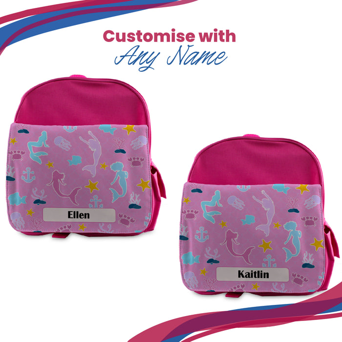 Printed Kids Pink Backpack with Mermaid Design, Customise with Any Name - The Gift Cabin UK