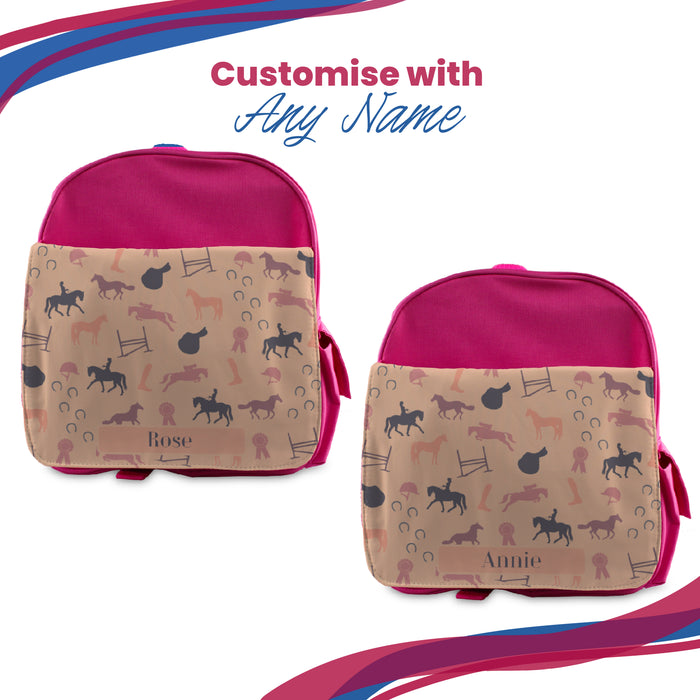 Printed Kids Pink Backpack with Horse Riding Design, Customise with Any Name - The Gift Cabin UK