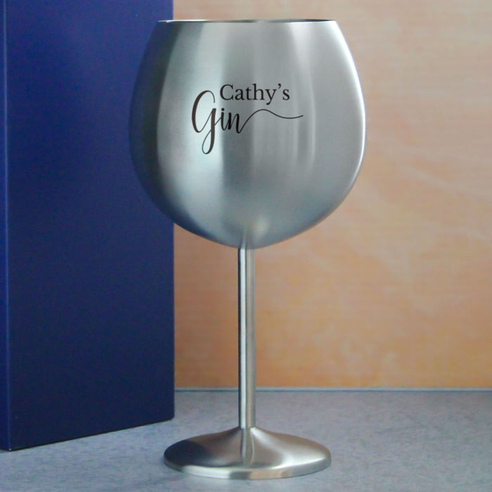 Engraved Metal Gin Balloon Cocktail Glass with Name's Gin Design, Personalise with Any Name - The Gift Cabin UK