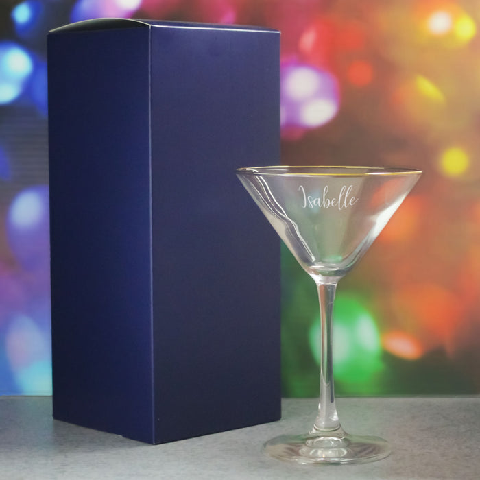 Engraved 7.5oz Gold Rim Martini Cocktail Glass with Script Name, Personalise with Any Name - The Gift Cabin UK