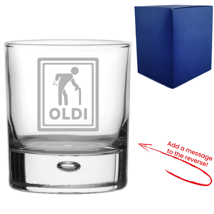 Engraved Whisky Glass with Oldi Design, Add a Personalised Message to the Reverse - The Gift Cabin UK