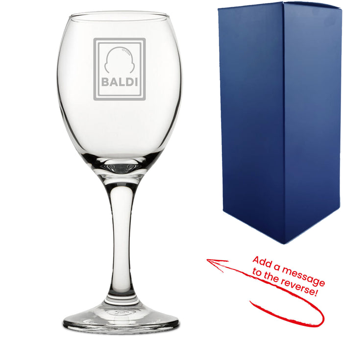 Engraved Wine Glass with Baldi Design, Add a Personalised Message to the Reverse - The Gift Cabin UK