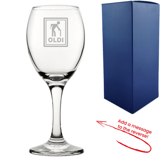 Engraved Wine Glass with Oldi Design, Add a Personalised Message to the Reverse - The Gift Cabin UK