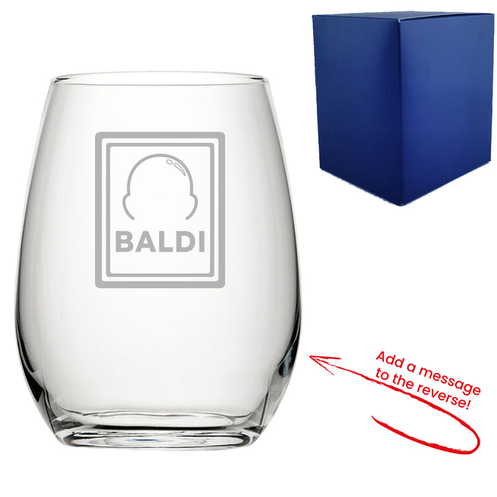 Engraved Stemless Wine Glass with Baldi Design, Add a Personalised Message to the Reverse - The Gift Cabin UK