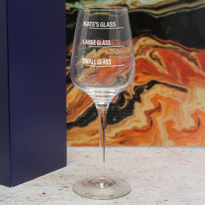 Personalised Engraved Sublym Wine Glass with Name's Glass Bold Measurements Design, Customise with Any Name - The Gift Cabin UK