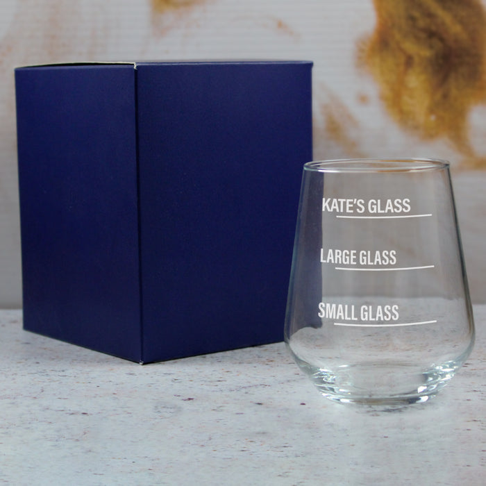 Personalised Engraved Stemless Allegra Wine Glass with Name's Glass Bold Measurements Design, Customise with Any Name - The Gift Cabin UK