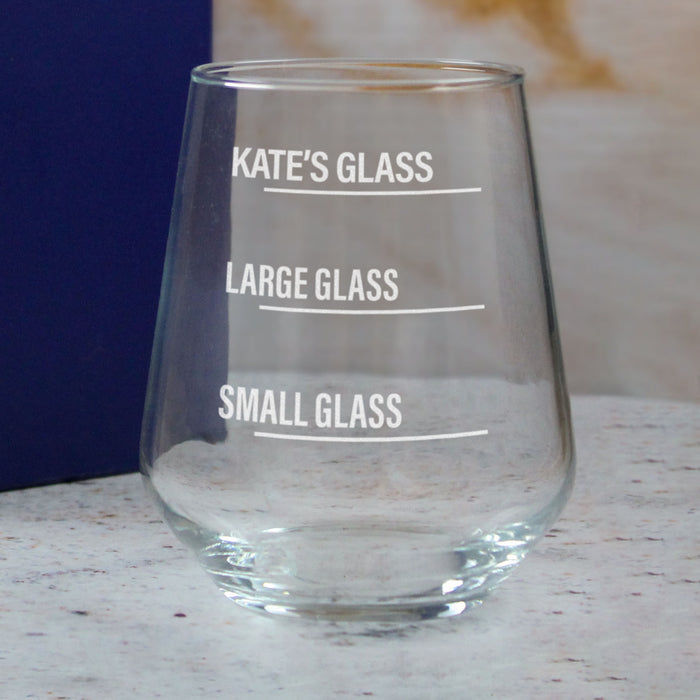 Personalised Engraved Stemless Allegra Wine Glass with Name's Glass Bold Measurements Design, Customise with Any Name - The Gift Cabin UK