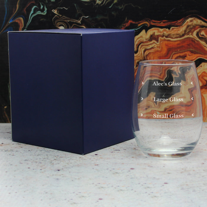 Personalised Engraved Stemless Amber Wine Glass with Name's Glass Serif Measurements Design, Customise with Any Name - The Gift Cabin UK