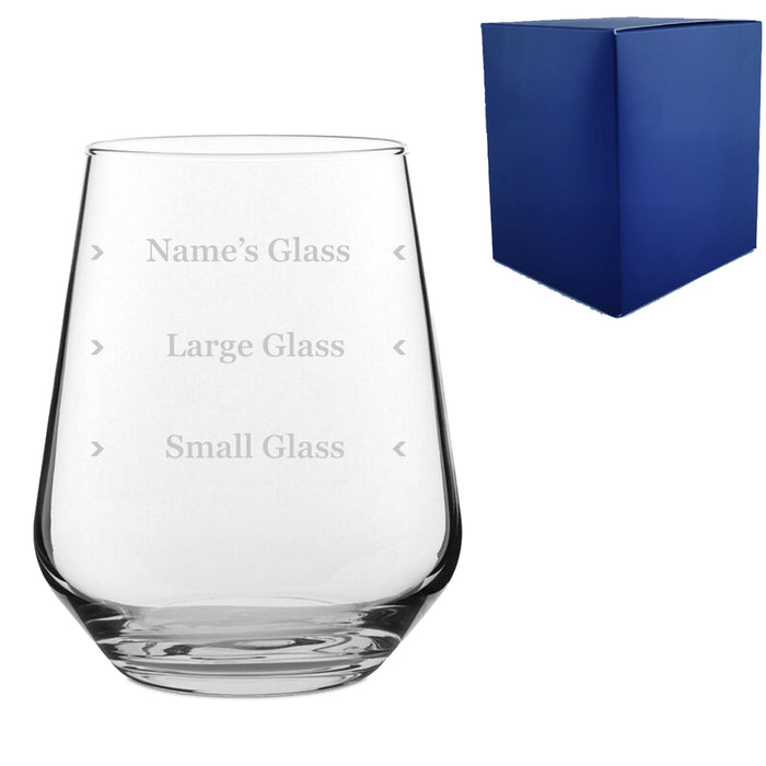 Personalised Engraved Stemless Allegra Wine Glass with Name's Glass Serif Measurements Design, Customise with Any Name - The Gift Cabin UK