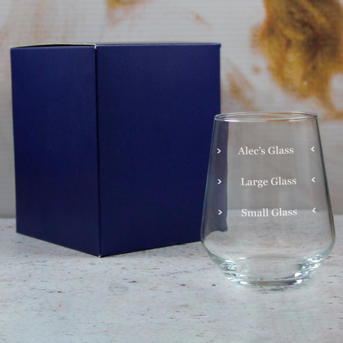 Personalised Engraved Stemless Allegra Wine Glass with Name's Glass Serif Measurements Design, Customise with Any Name - The Gift Cabin UK