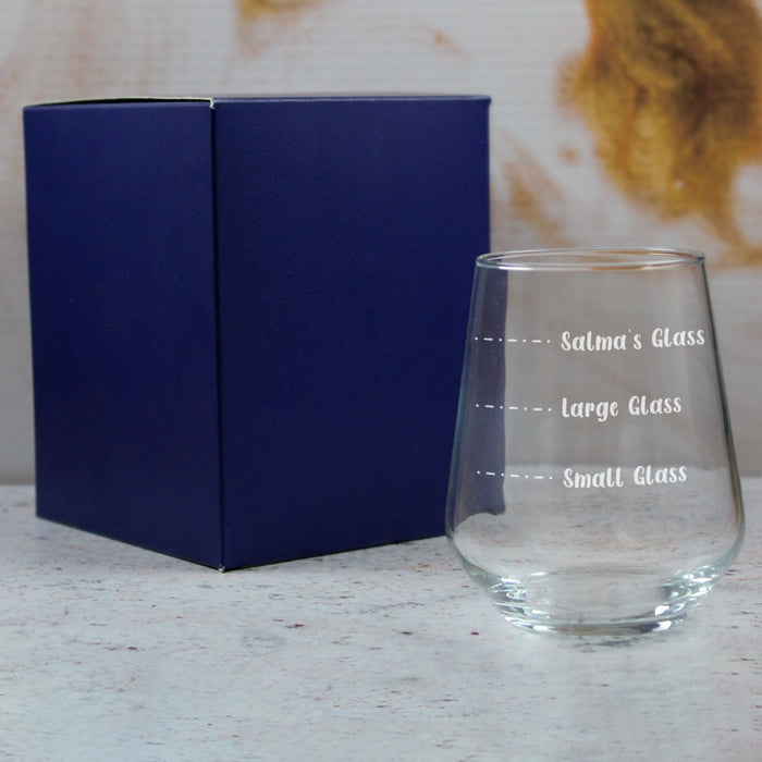 Personalised Engraved Stemless Allegra Wine Glass with Name's Glass Handwritten Measurements Design, Customise with Any Name - The Gift Cabin UK