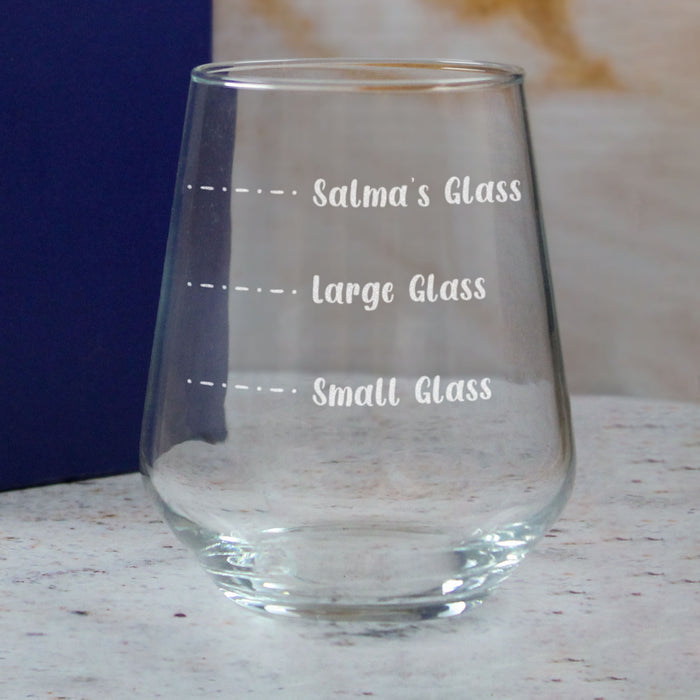 Personalised Engraved Stemless Allegra Wine Glass with Name's Glass Handwritten Measurements Design, Customise with Any Name - The Gift Cabin UK