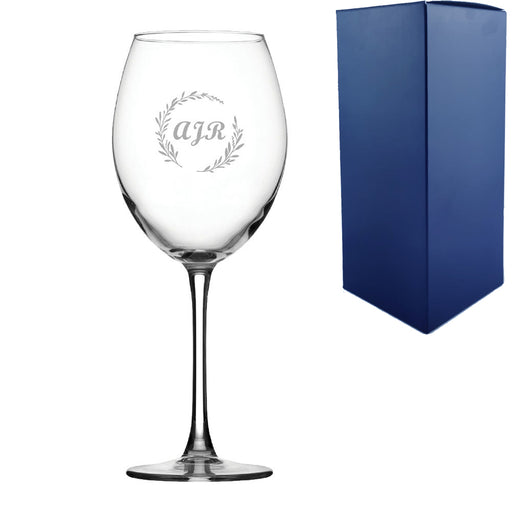 Engraved 19oz Enoteca wine glass with wreath design - any Initials - The Gift Cabin UK