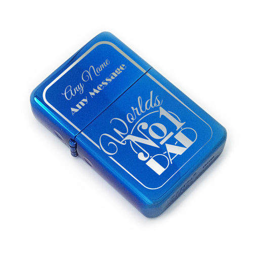 Personalised Engraved Blue Fathers Day Lighter with Worlds No1 Dad design - The Gift Cabin UK