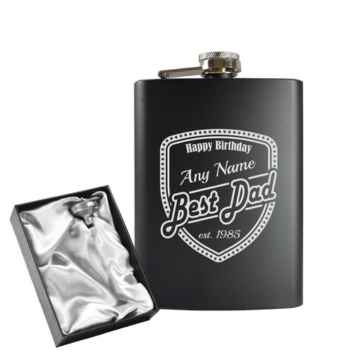 Engraved 8oz Black Hip flask with Birthday shield - The Gift Cabin UK