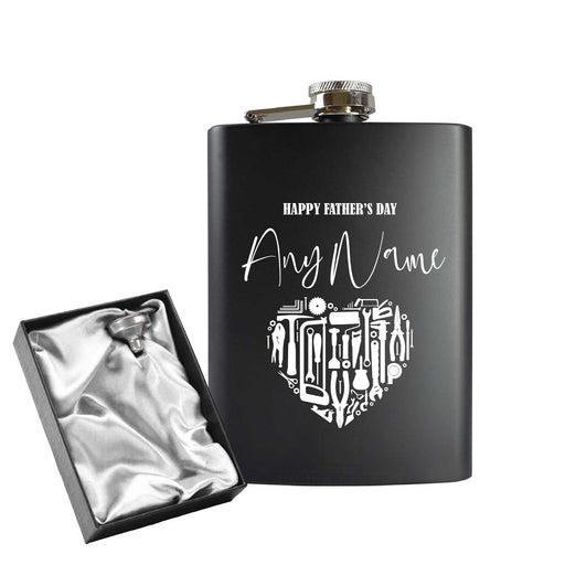 Engraved 8oz Black Hip flask with Fathers day Tool Heart - The Gift Cabin UK