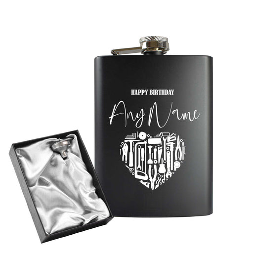 Engraved 8oz Black Hip flask with Birthday Tool heart - The Gift Cabin UK