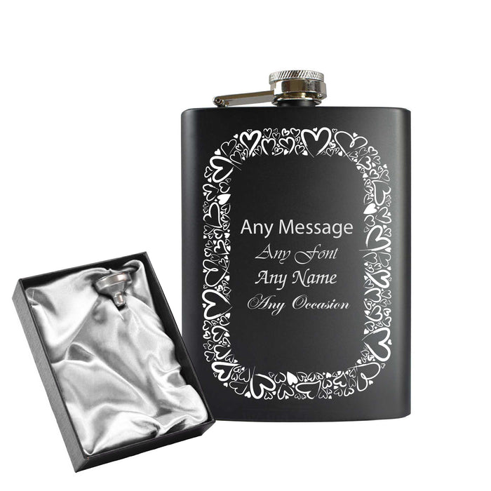 Engraved 8oz Black Hip flask with Heart border - The Gift Cabin UK