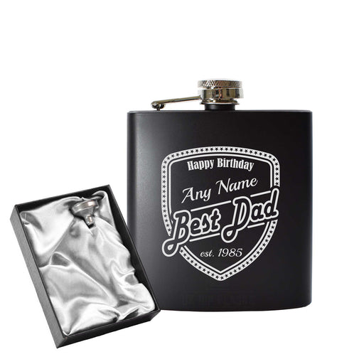 Engraved 6oz Black Hip flask with Birthday shield - The Gift Cabin UK