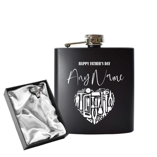 Engraved 6oz Black Hip flask with Fathers day Tool Heart - The Gift Cabin UK