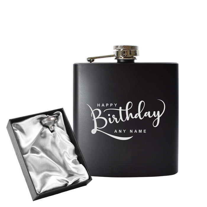 Engraved 6oz Black Hip flask with Happy Birthday design - The Gift Cabin UK