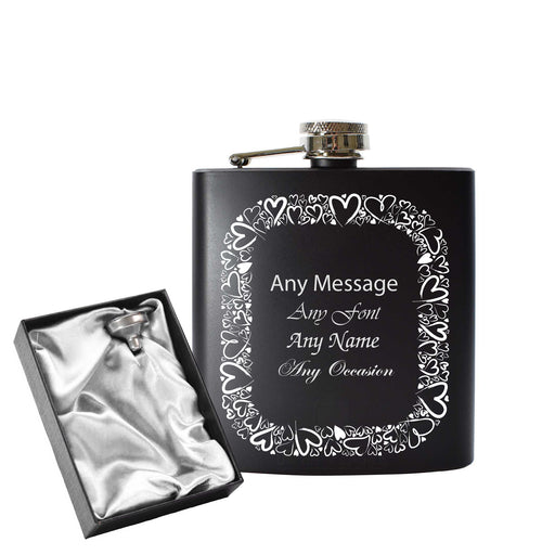 Engraved 6oz Black Hip flask with Heart border - The Gift Cabin UK