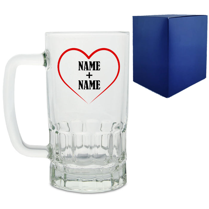 Personalised Glass Tankard, with Heart and any names - The Gift Cabin UK