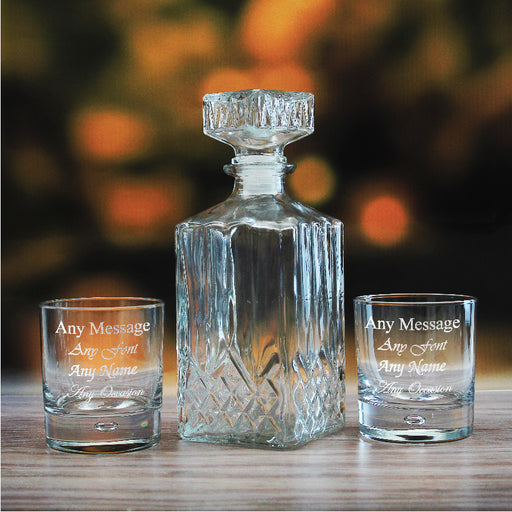 Set of 2 11.5oz Engraved  Bubble Whisky glasses and Prysm Decanter - The Gift Cabin UK