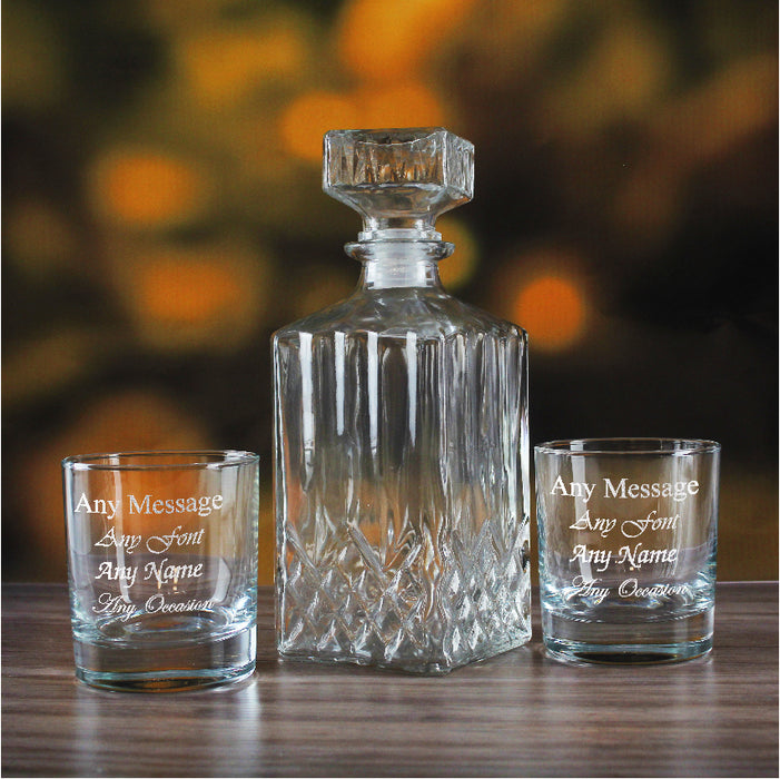 Set of 2 Engraved 11.5oz Side Whisky glasses and unengraved Prysm Decanter - The Gift Cabin UK