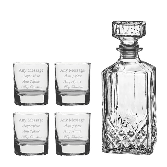 Set of 4 Engraved 11.5oz Side Whisky glasses and Prysm Decanter - The Gift Cabin UK