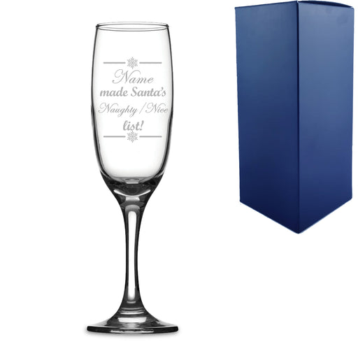 Engraved Novelty Christmas Champagne Flute "Name made Santa's Naughty/Nice list!" With Gift Box - The Gift Cabin UK