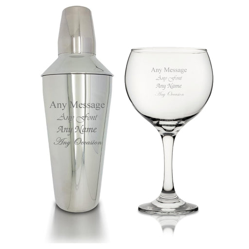 Engraved Cocktail Shaker with Strainer and Gin Balloon Glass - The Gift Cabin UK