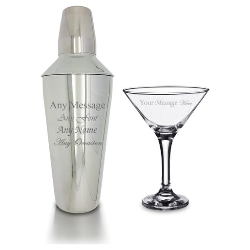 Engraved Cocktail Shaker with Strainer and Martini Glass - The Gift Cabin UK