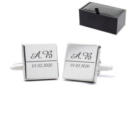 Engraved Square Cufflinks with Initial and Date Design - The Gift Cabin UK