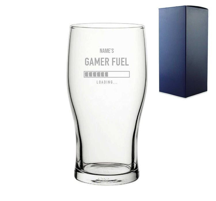 Engraved Pint Glass Name's Gamer Fuel Design, Gift Boxed, Personalise with any name for any gamer - The Gift Cabin UK